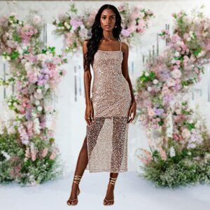 ASTR The Label Jewel Sequin A-line Midi Dress Sleeveless Slit Side Mesh Mini